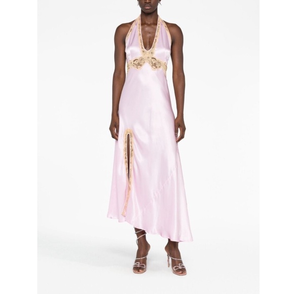 140. De La Vali Floral lace-trim Pink Silk Maxi Dress $798 EUC US 2